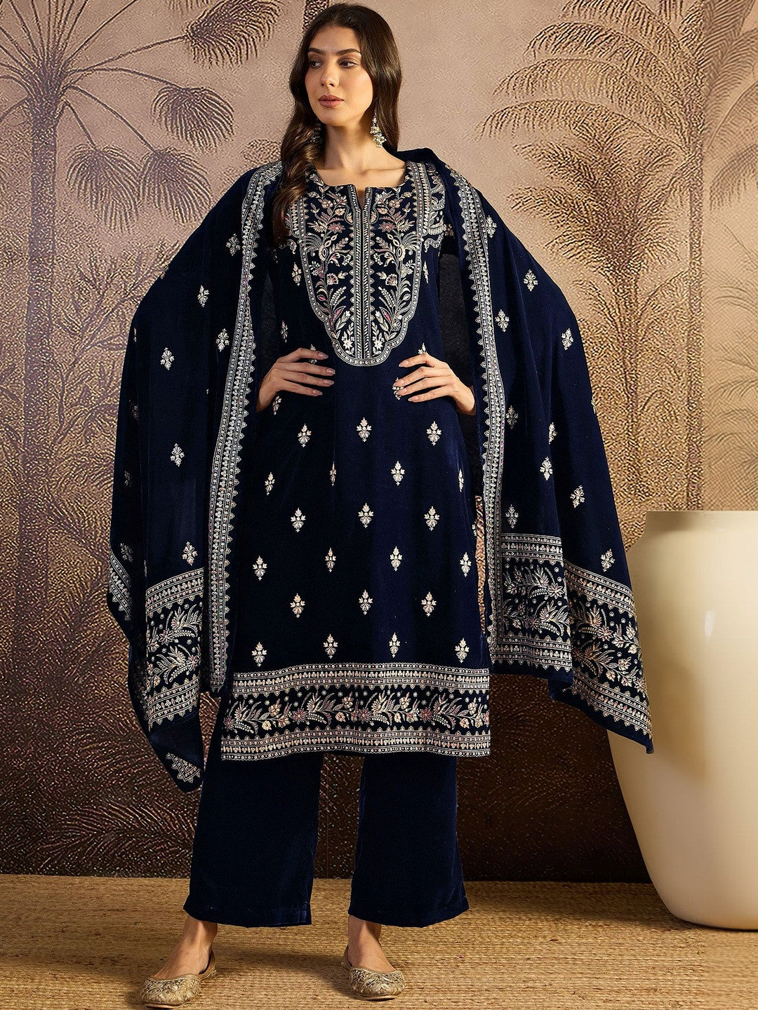Winter Heavy Embroidered Ethnic velvet Kurta Trousers & Dupatta