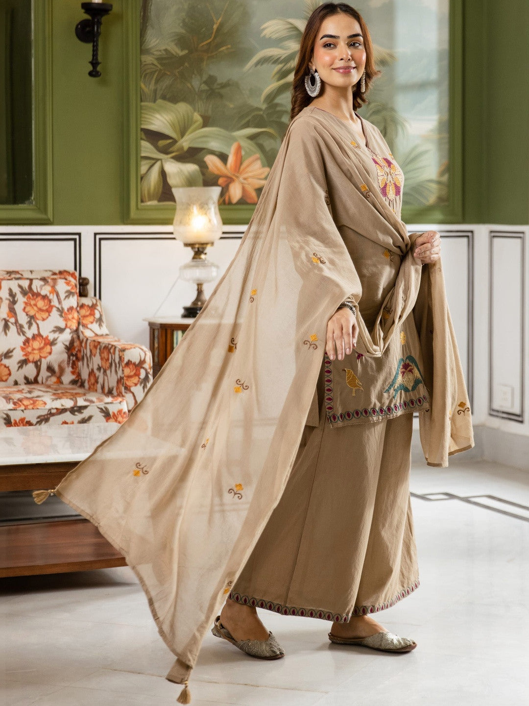 Embroidered Pure Cotton V-Neck Kurta Trousers & Dupatta