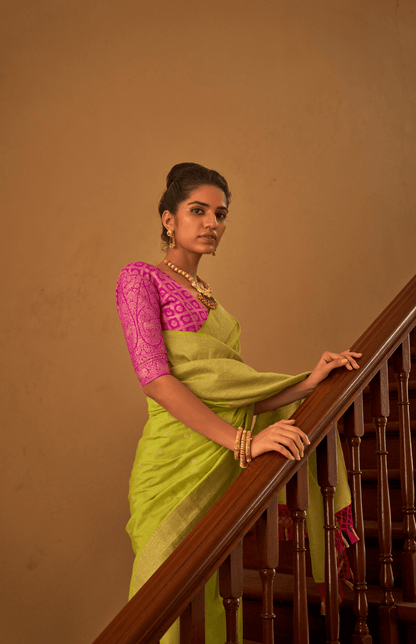 Dhiyona KM Women Lime Green Zari Nylon Silk Saree