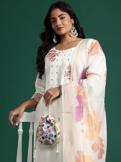 Dhiyona Women's Floral Embroidered Mirror Work Kurta with Palazzos & Dupatta