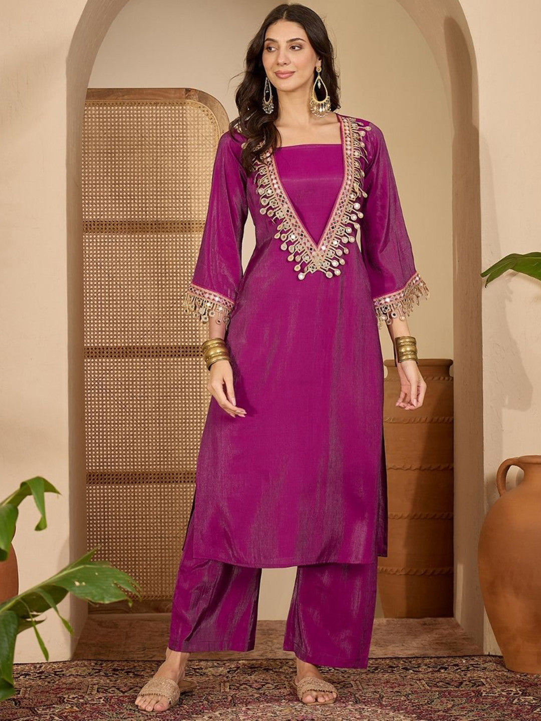 Mirror Work Embroidered Bell Sleeve Straight Kurta & Palazzo