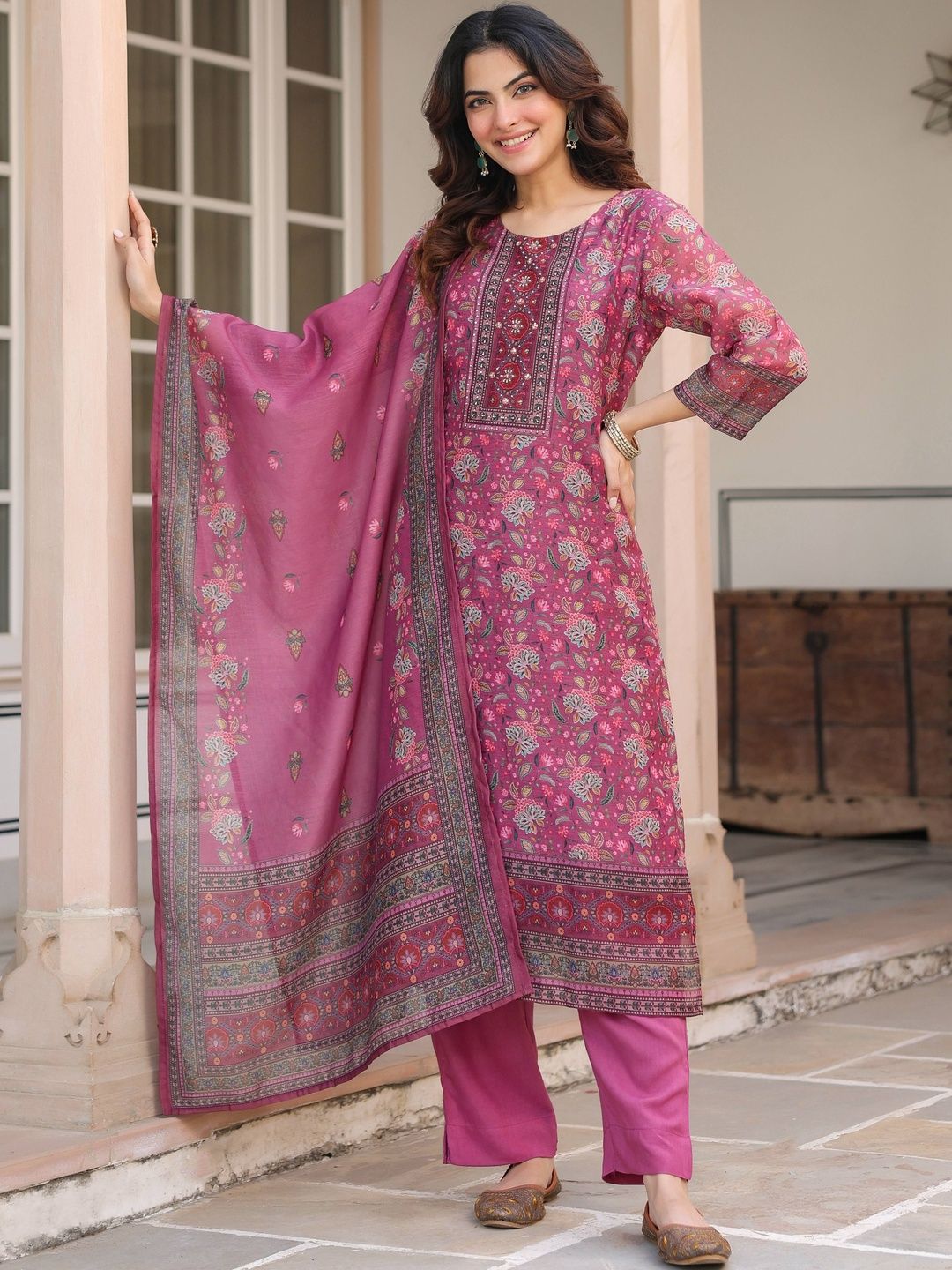 Dhiyona RR Women's Ethnic Motifs Printed Regular Sequinned Chanderi Cotton Kurta with Trousers & With