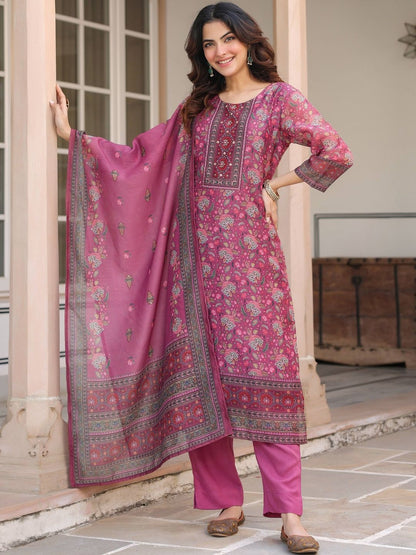Dhiyona RR Women's Ethnic Motifs Printed Regular Sequinned Chanderi Cotton Kurta with Trousers & With