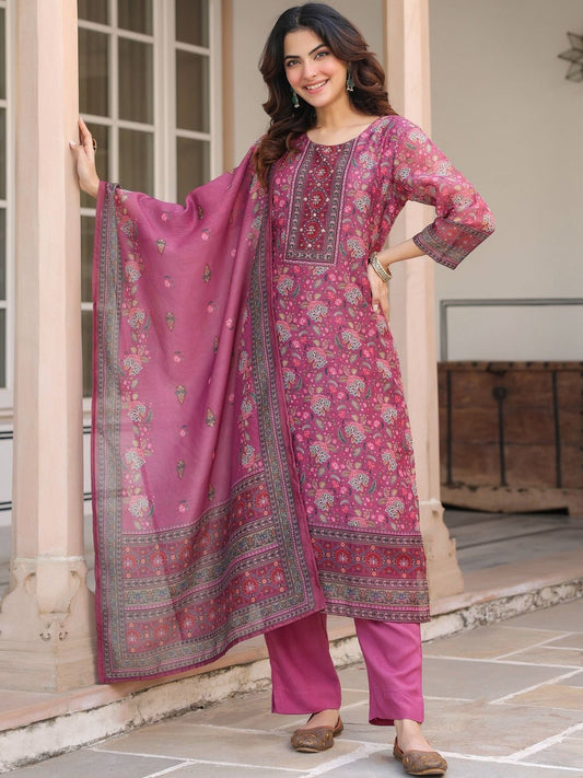Dhiyona RR Women's Ethnic Motifs Printed Regular Sequinned Chanderi Cotton Kurta with Trousers & With