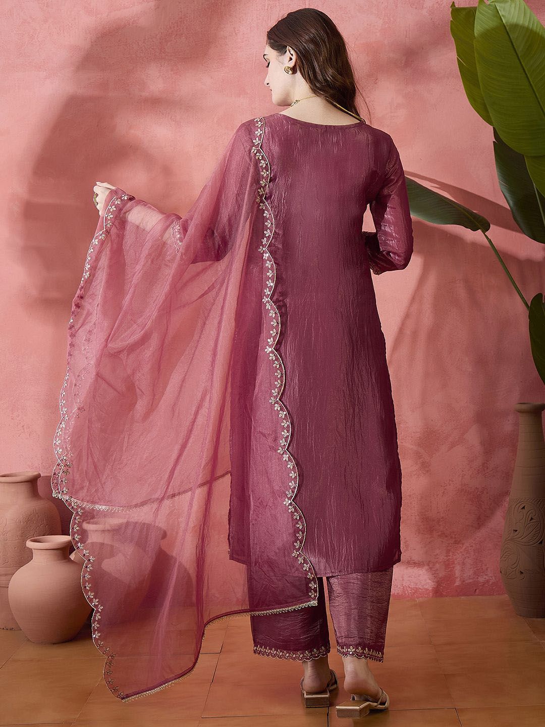 Dhiyona SN Pink Floral Embroidered Mirror Work Straight Kurta With Palazzo And Dupatta