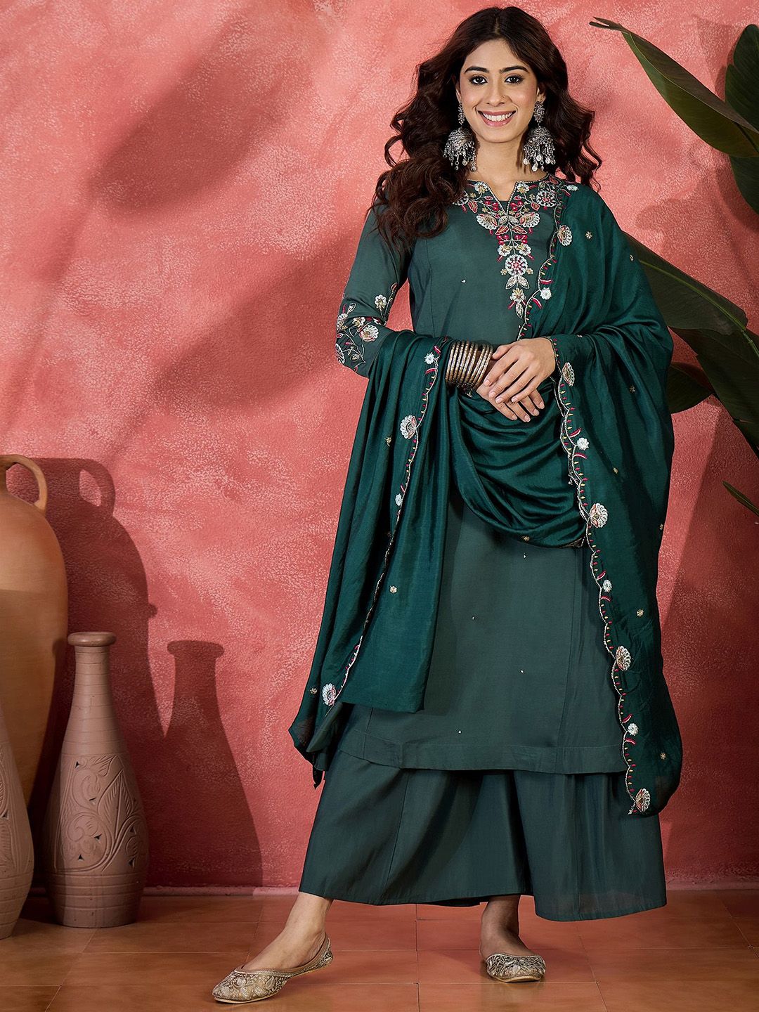 Dhiyona SN Floral Embroidered Thread Work A-Line Kurta & Palazzo With Dupatta