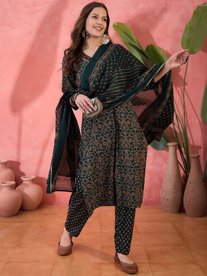 Floral Printed V-Neck Pure Cotton Straight Kurta With Trouser And Dupatta