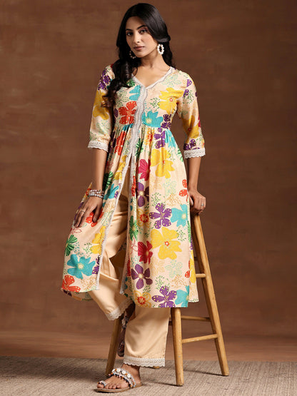 Women Floral Printed Angrakha Kurta with Trousers
