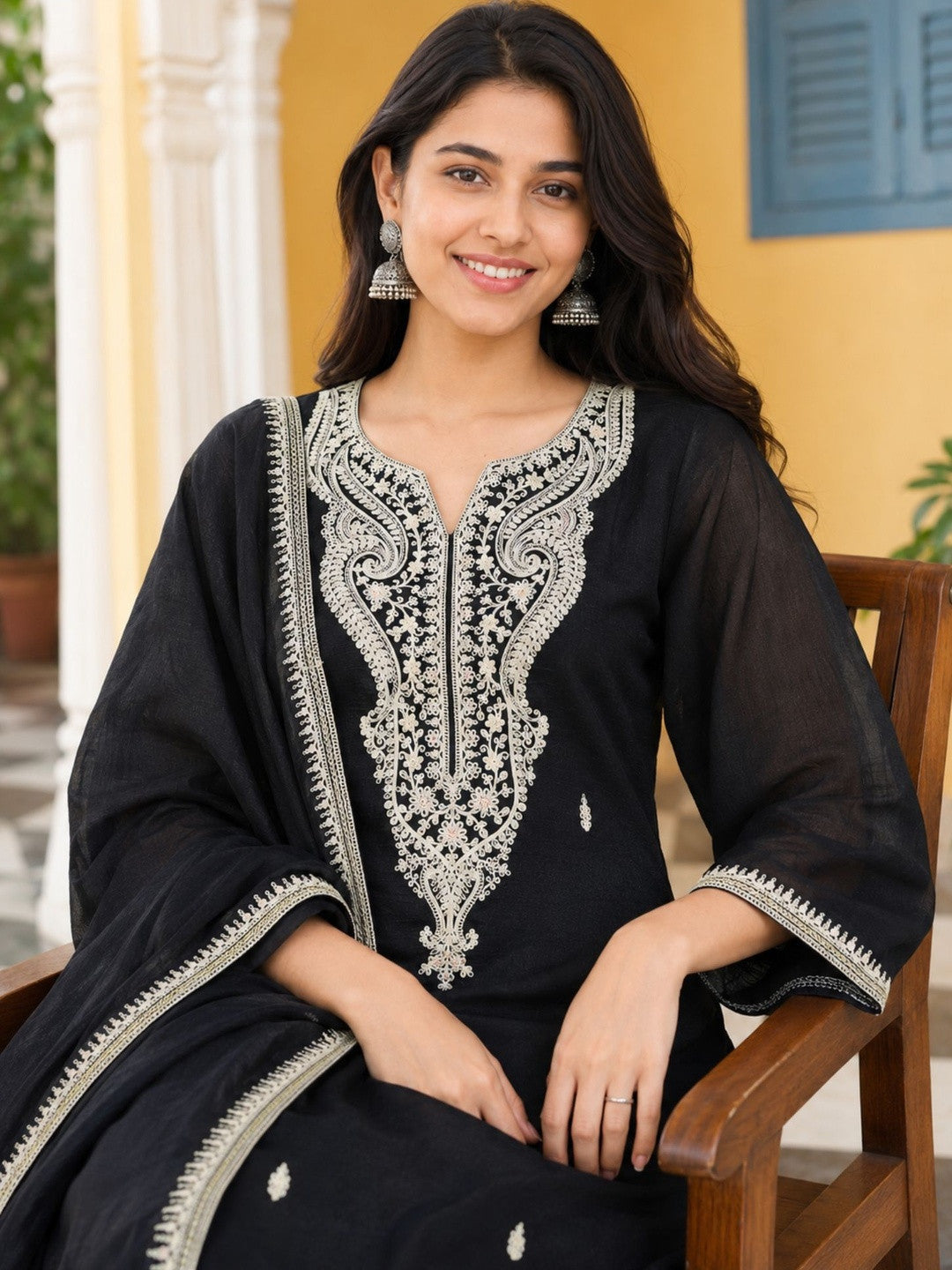 Women Ethnic Motifs Embroidered Regular Thread Work Kurta with Palazzos & With Dupatta
