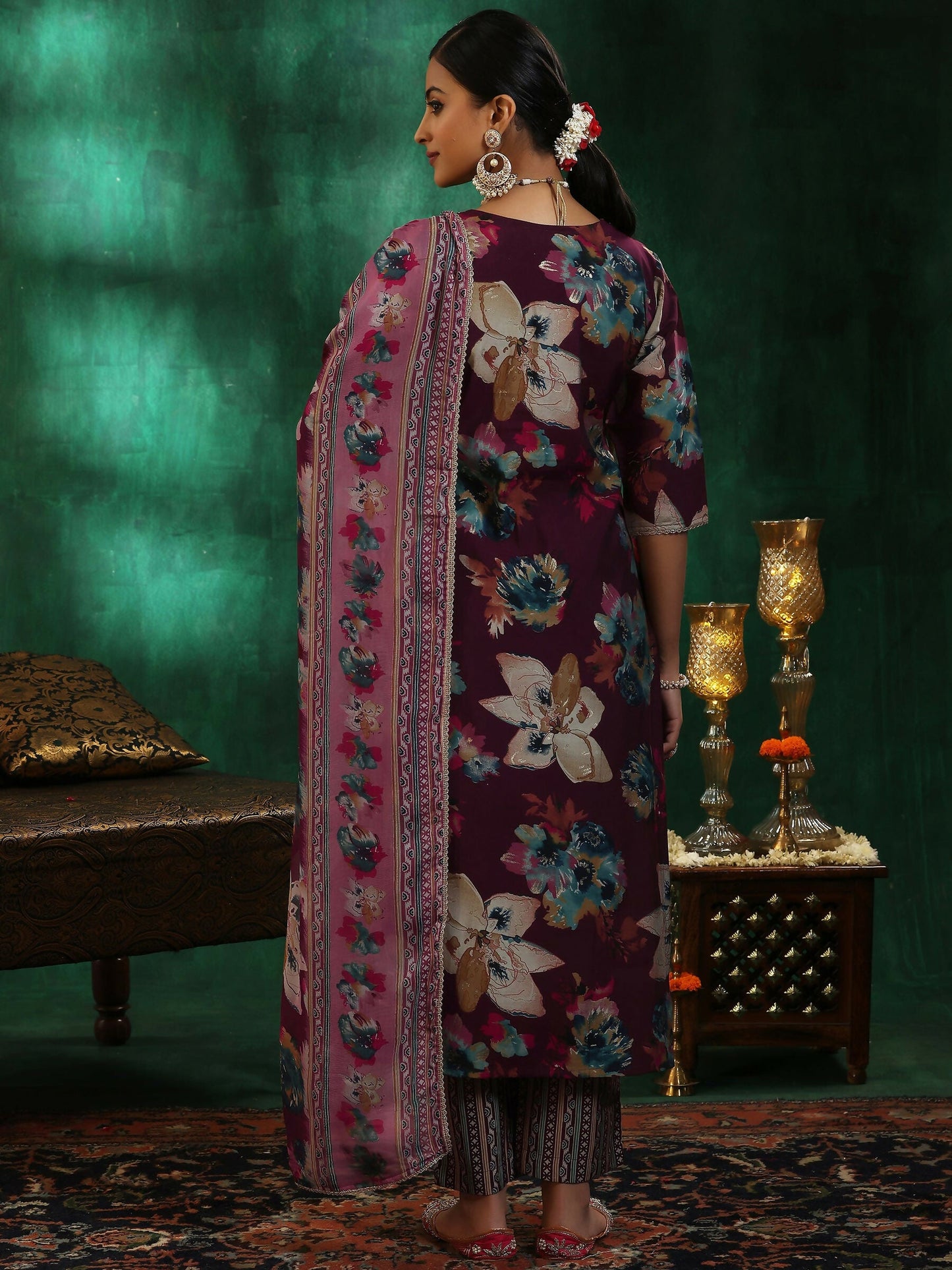 Women's LB Burgundy Printed Silk Blend Straight Suit With Dupatta