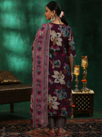 Women's LB Burgundy Printed Silk Blend Straight Suit With Dupatta