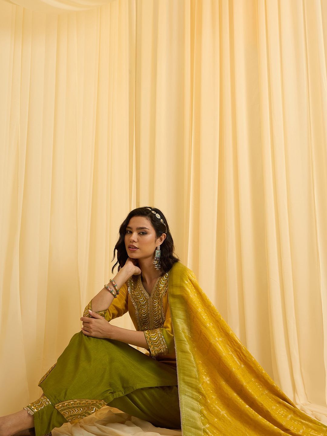 Dhiyona CH Floral Embroidered V-Neck Straight Sequinned Kurta With Trousers & Dupatta