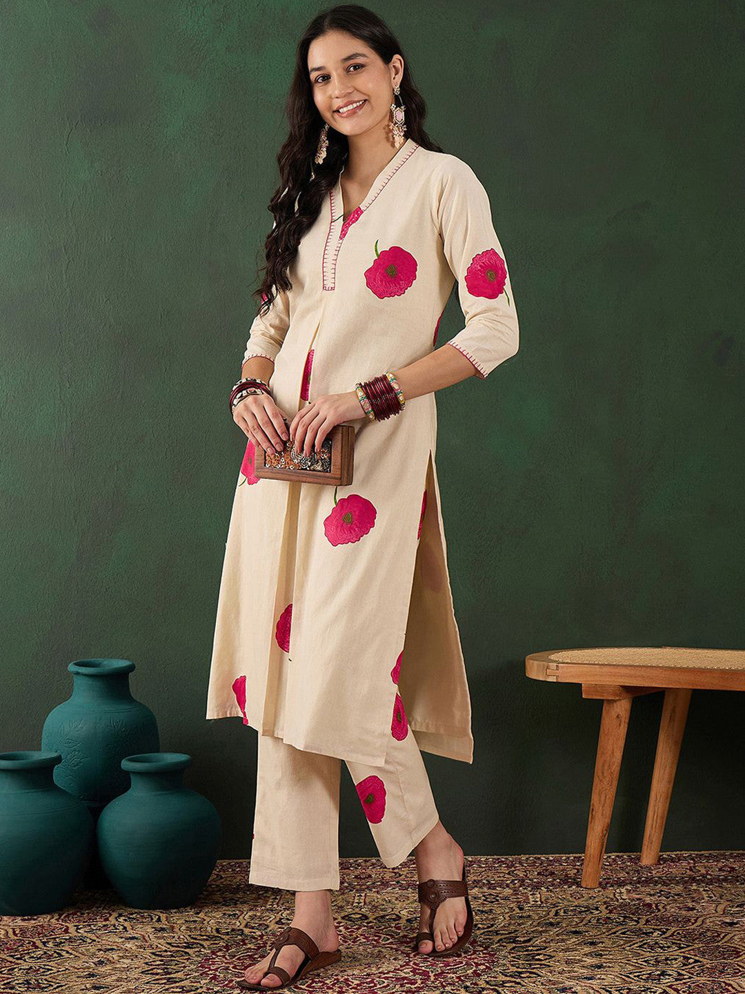 Off White Cotton Floral Printed Kurta With Pant Set