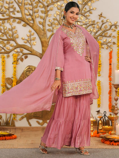 Dhiyona SC Women Mauve Mul Chanderi Gota Work Sharara Set
