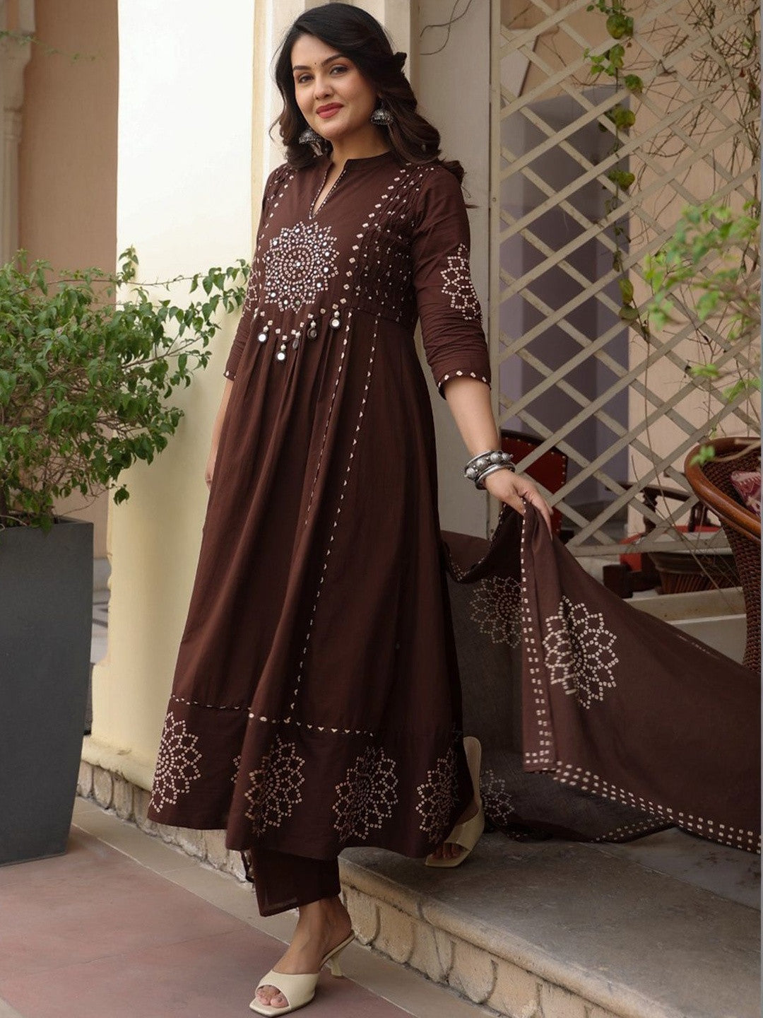 Women Ethnic Motifs Printed Panelled Mirror Work Pure Cotton Kurta with Trousers & With Dupatta