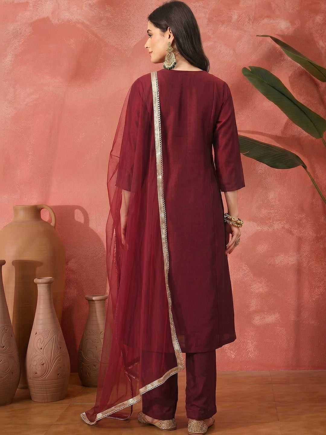 Printed Silk Blend Shirt Collar Kurta & Trousers With Dupatta