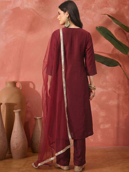 Printed Silk Blend Shirt Collar Kurta & Trousers With Dupatta