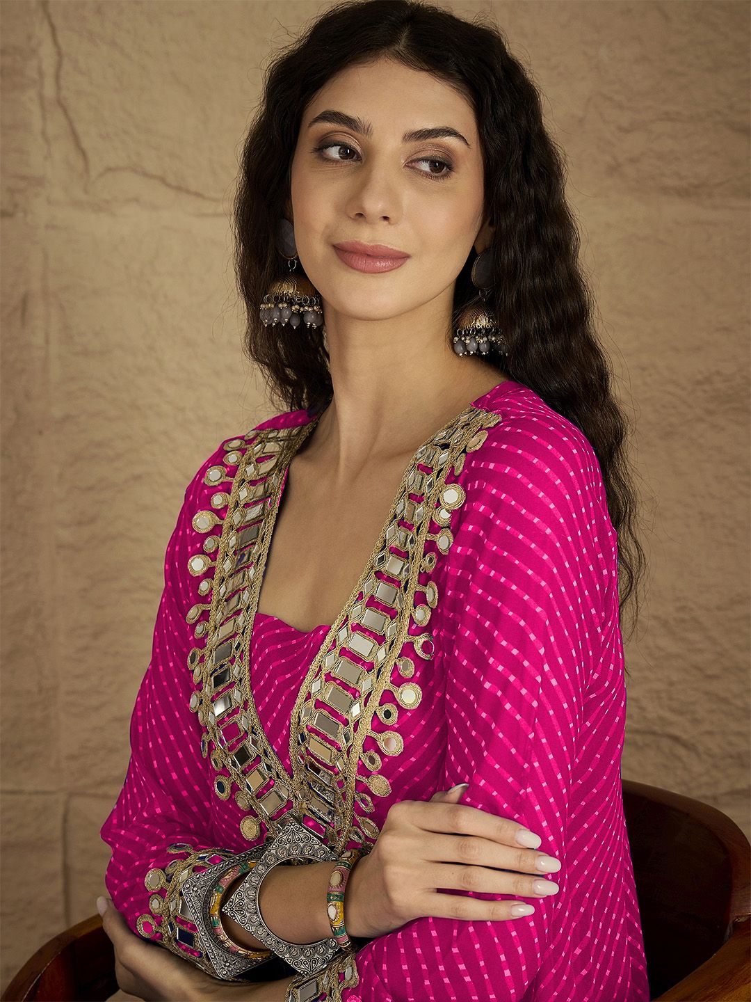 Pink Women Bandhani Printed Regular Kurta with Trousers