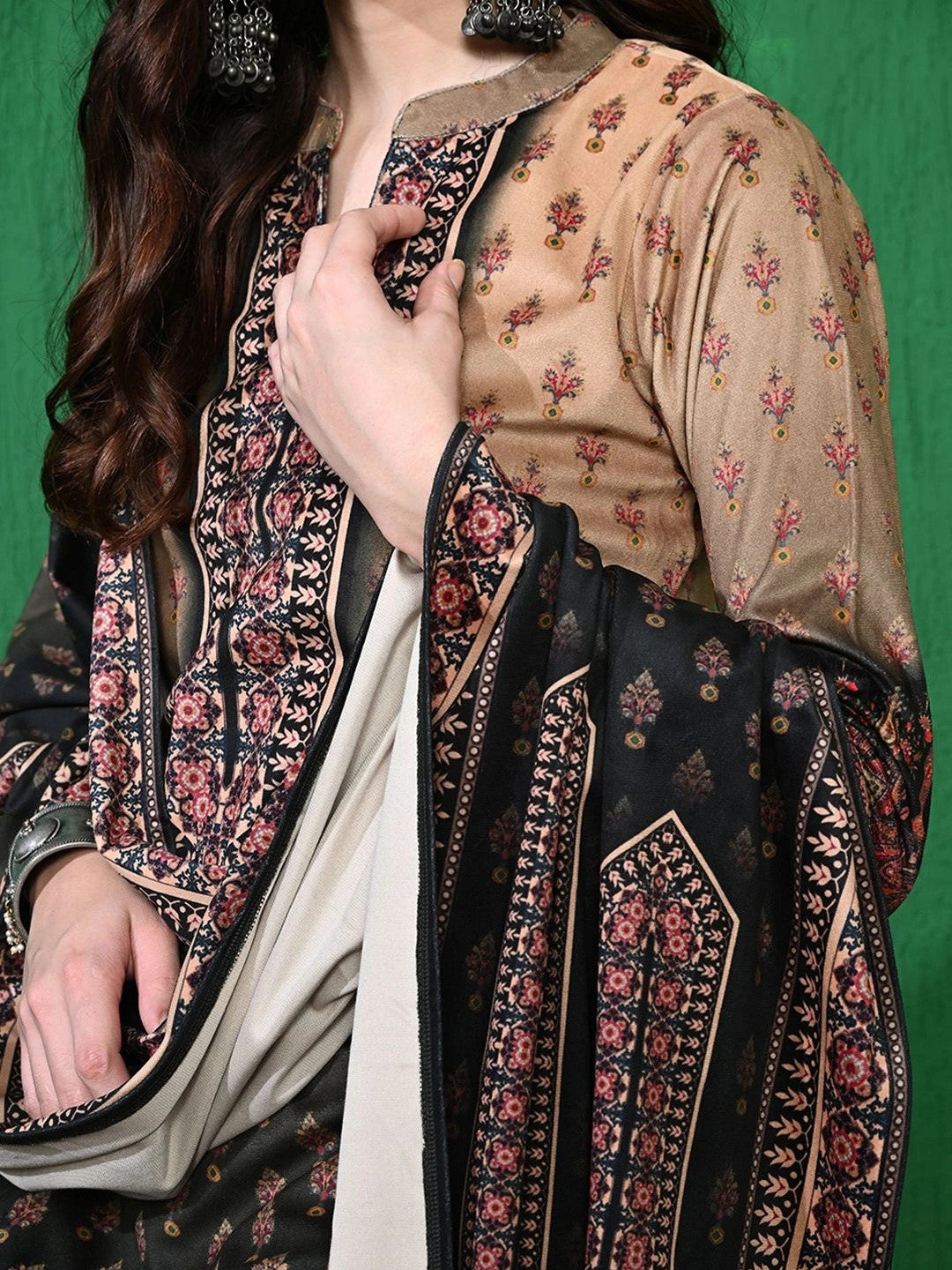 Black & Beige Floral Self Design Winter Velvet Kurta & Trouser With Dupatta