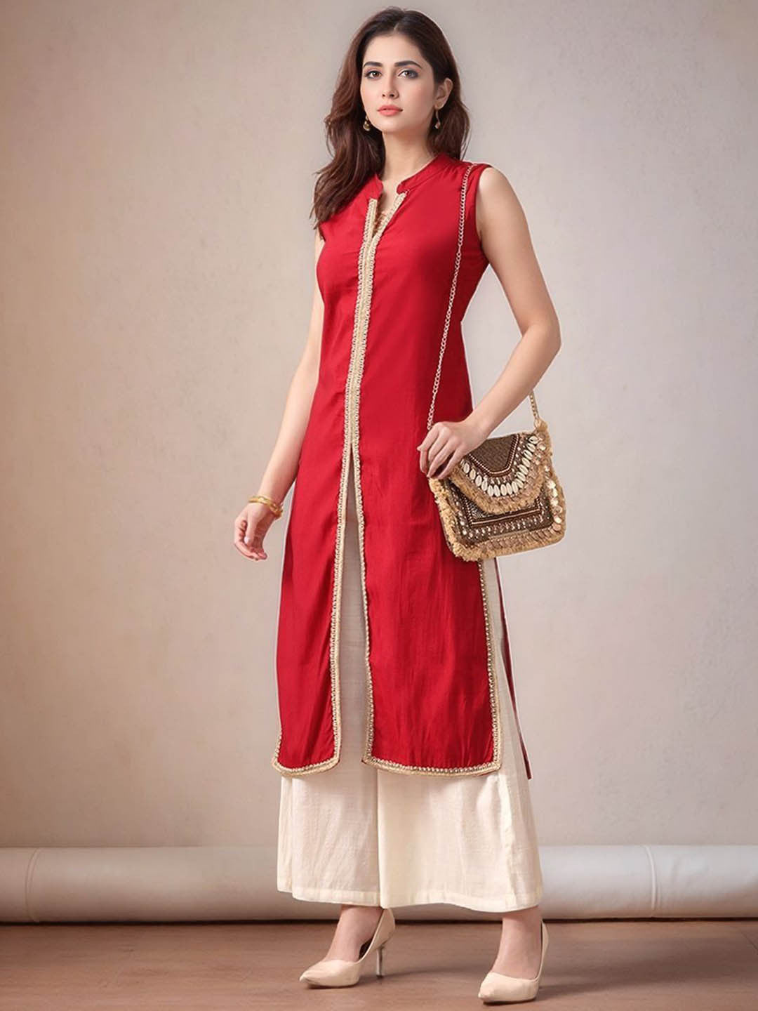 Mandarin Collar Sleeveless Gotta Patti Straight Kurta With Palazzo