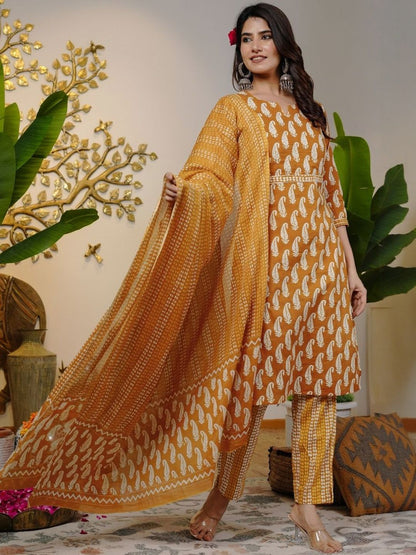 Dhiyona KL Paisley Printed Regular V-Neck Pure Cotton Straight Kurta With Trousers & Dupatta
