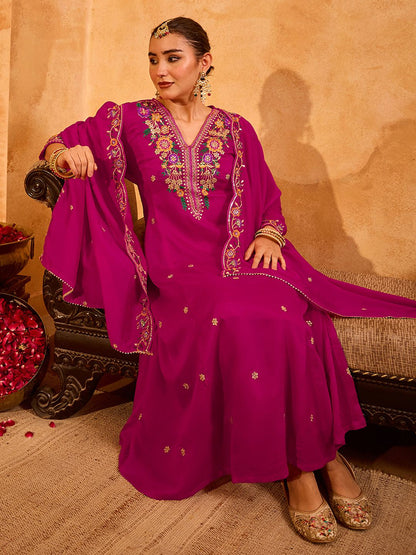 Dhiyona KL Women Floral Embroidered Regular Thread Work Kurta with Trousers & With Dupatta