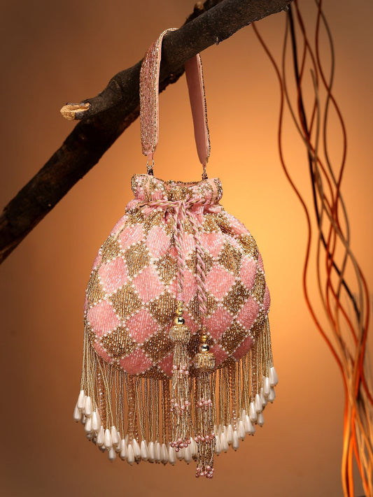 Dhiyona NR Droop Baby Pink & Gold Diamond Embellished Velvet Potli