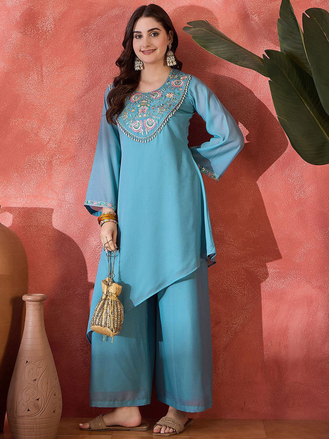 Floral Yoke Design Sequence Asymmetric Kurta & Palazzo Set