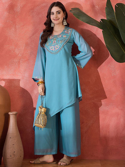 Floral Yoke Design Sequence Asymmetric Kurta & Palazzo Set