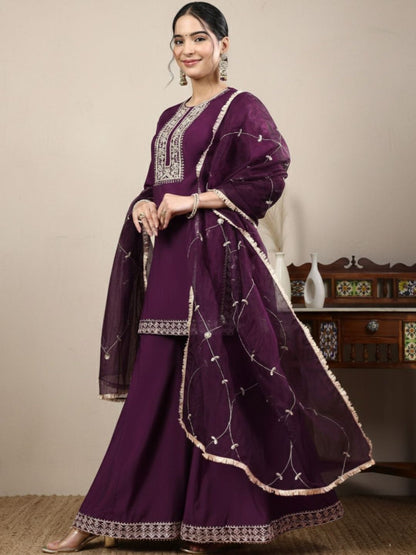 Dhiyona HOP Embroidered Round Neck Straight Kurti & Sharara With Dupatta