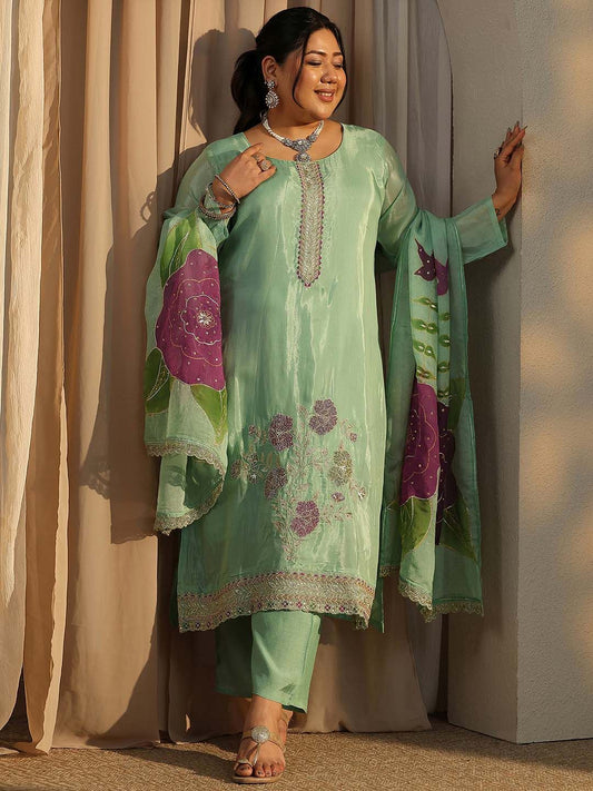 Dhiyona Women's Plus Size Floral Embroidered Kurta with Trousers & Dupatta