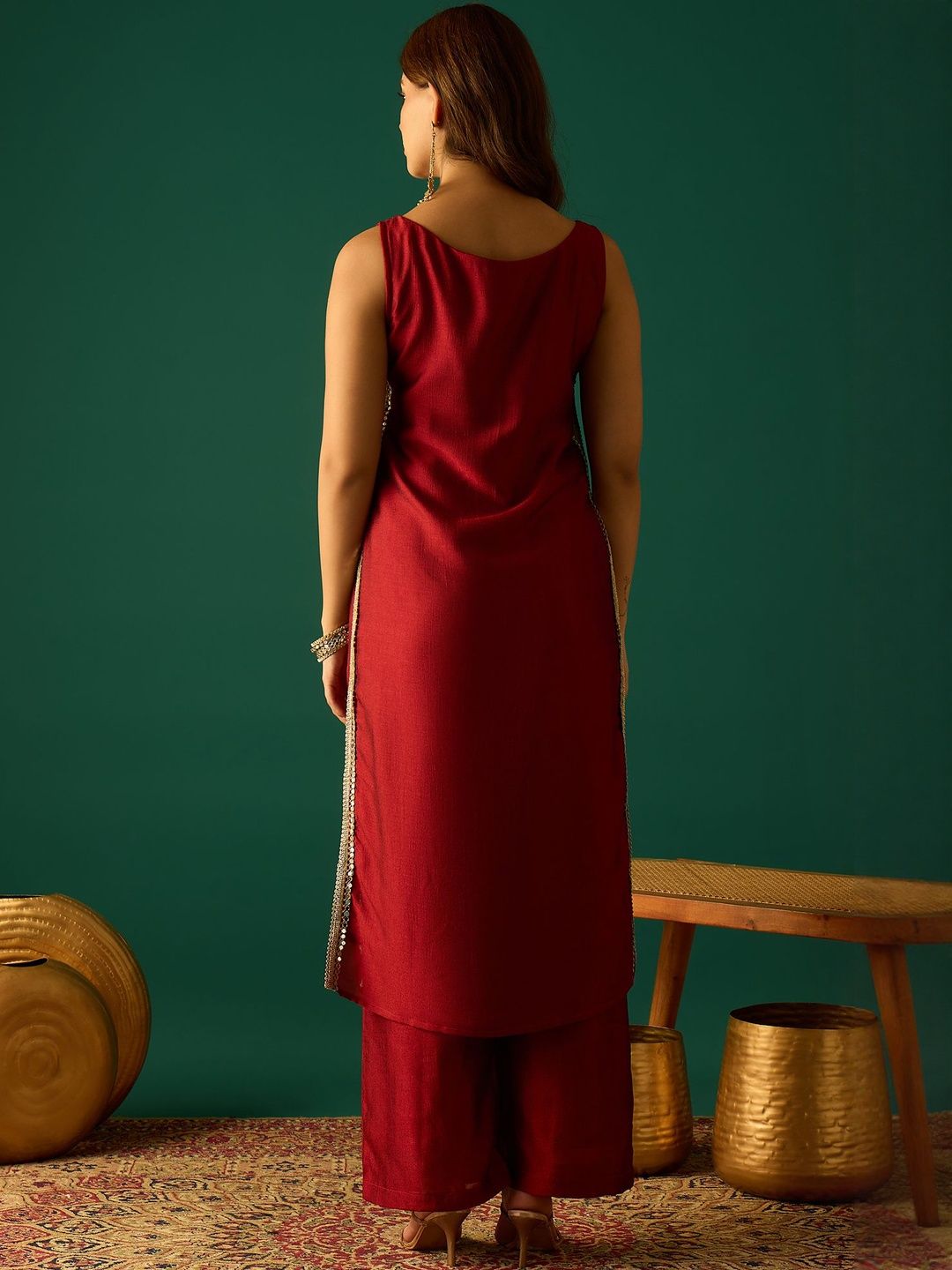 Red Women Regular Sequinned Kurta with Trousers