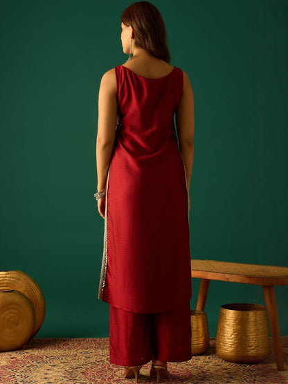 Red Women Regular Sequinned Kurta with Trousers