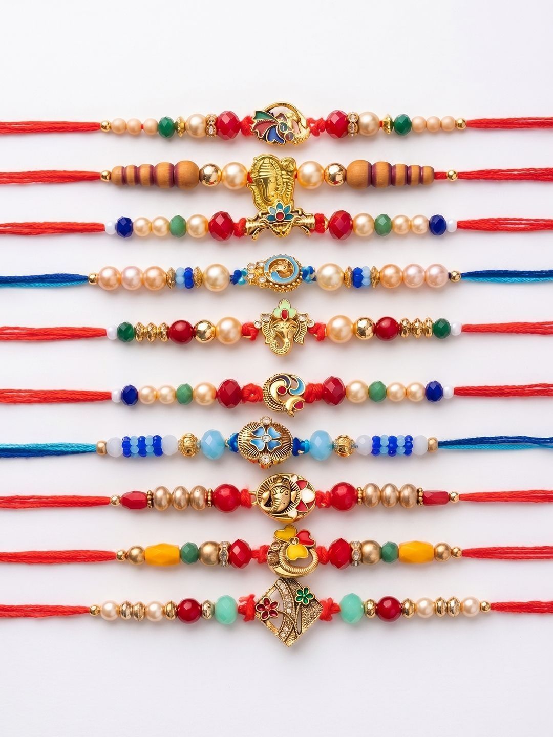 Dhiyona Set Of 10 Artificial Stones & Beads Thread Rakhi With Roli Chawal Chandan Mishri