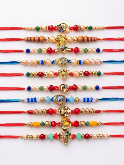 Dhiyona Set Of 10 Artificial Stones & Beads Thread Rakhi With Roli Chawal Chandan Mishri
