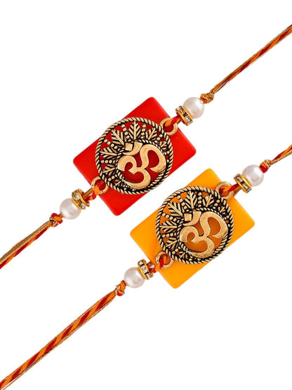 Dhiyona Gold Toned Set Of 2 Om Charm Thread Rakhis With Roli Chawal & Greeting Card