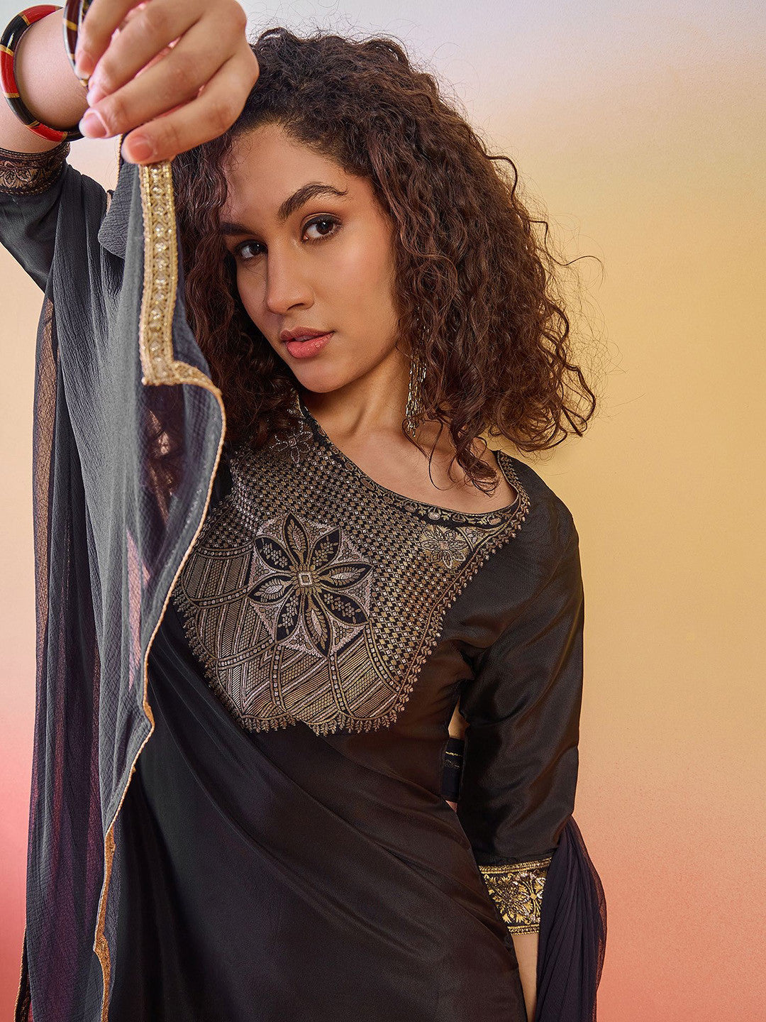 Floral Yoke Design Zari Jacquard Straight Kurta With Trousers And Dupatta