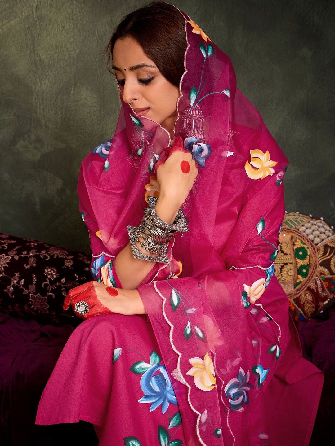 Dhiyona IE Women Floral Printed Cotton A-Line Kurta with Trousers & Dupatta