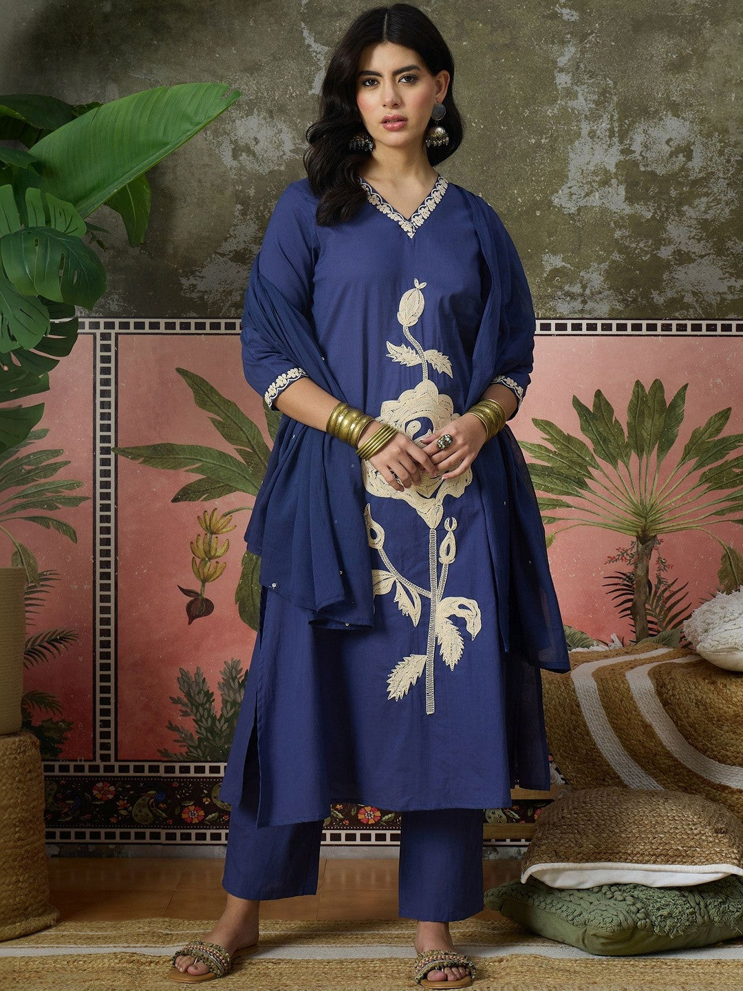 Embroidered V-Neck Kurta Trousers & Dupatta