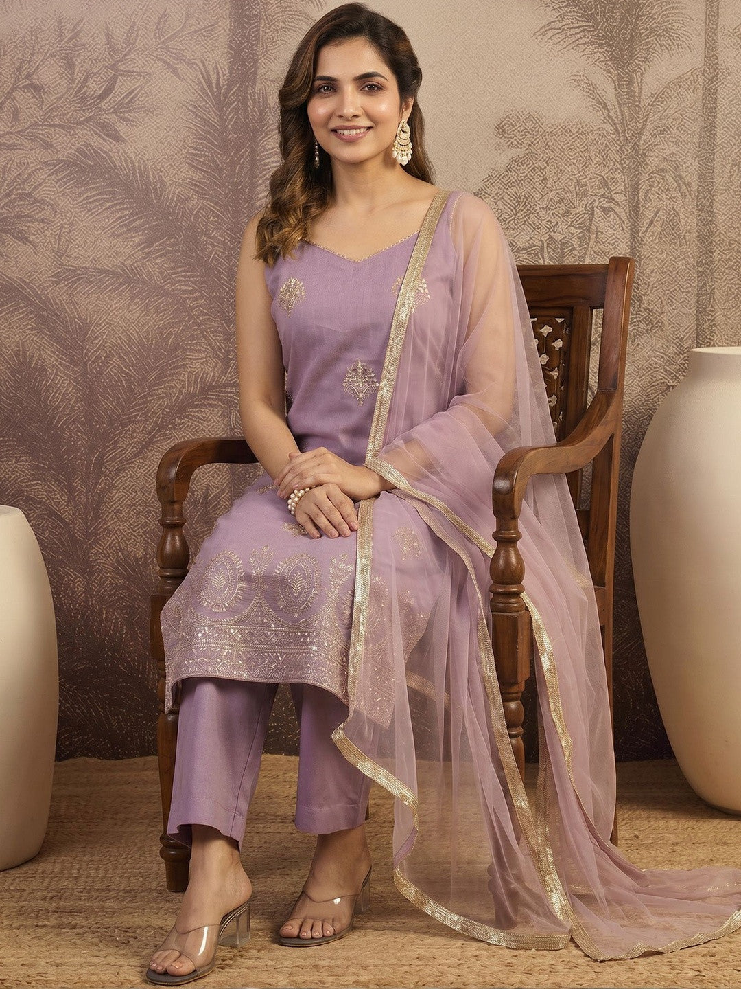 Embroidered V Neck Kurta Sets