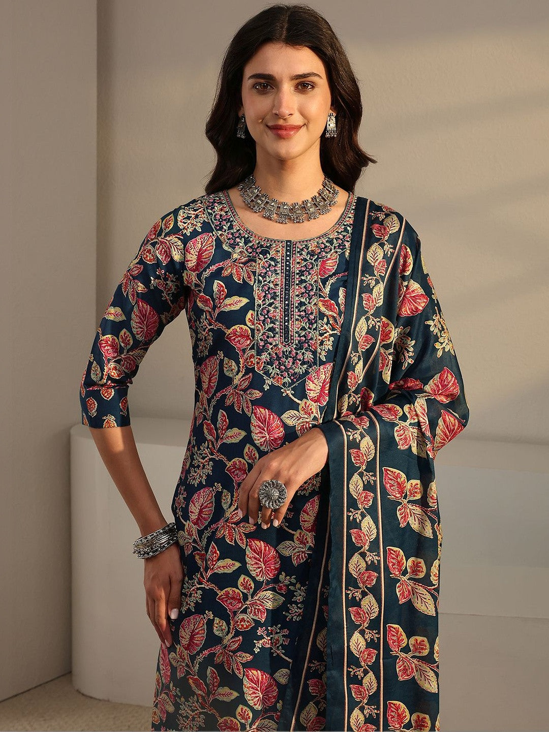Libas Blue Floral Printed Straight Suit Set with Dupatta