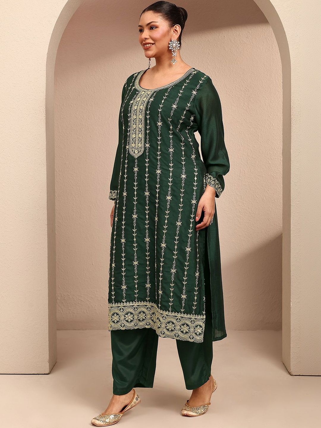 Dhiyona Women's Floral Embroidered Regular Thread Work Kurta with Trousers & With Dupatta