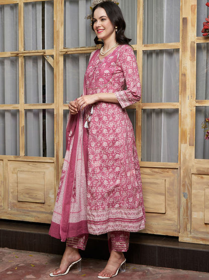 Floral Printed Panelled Gotta Patti Pure Cotton Kurta with Trousers & Dupatta