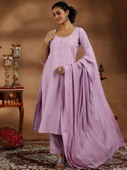 Women's LB Mauve Embroidered Silk Blend Straight Suit With Dupatta