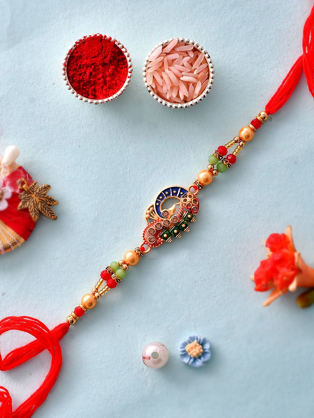 Dhiyona Red Stone Studded & Beaded Thread Rakhi With Roli Chawal & Greeting Card