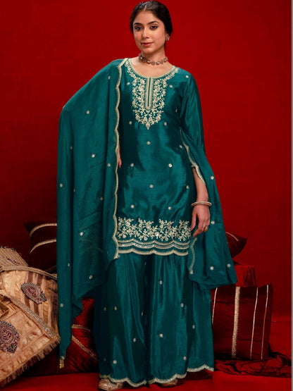Women Ethnic Motifs Embroidered Regular Thread Work Kurta with Sharara & With Dupatta