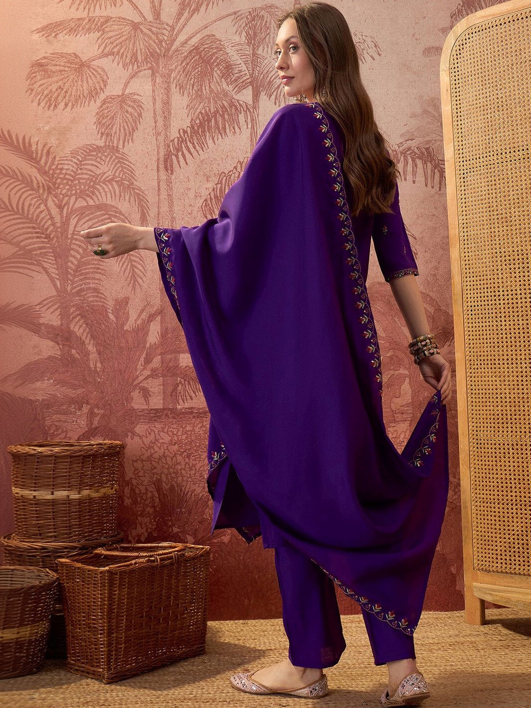 Embroidered Silk Blend Notched Neck Kurta & Trousers With Dupatta