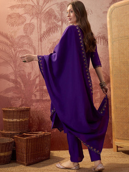 Embroidered Silk Blend Notched Neck Kurta & Trousers With Dupatta