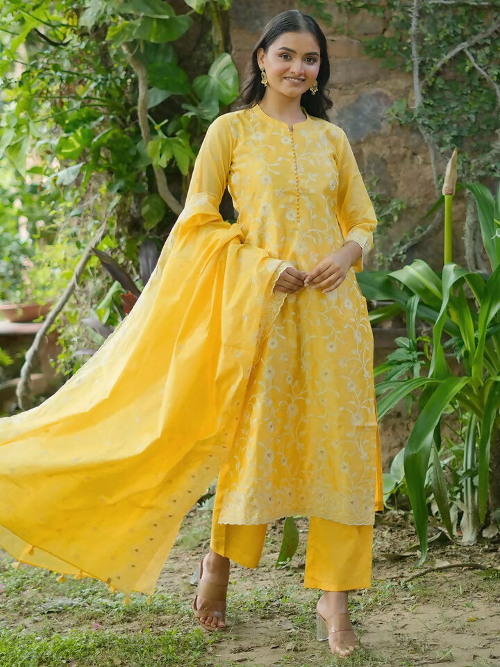 Women's LB Art Yellow Embroidered Chanderi Silk Straight Suit With Dupatta