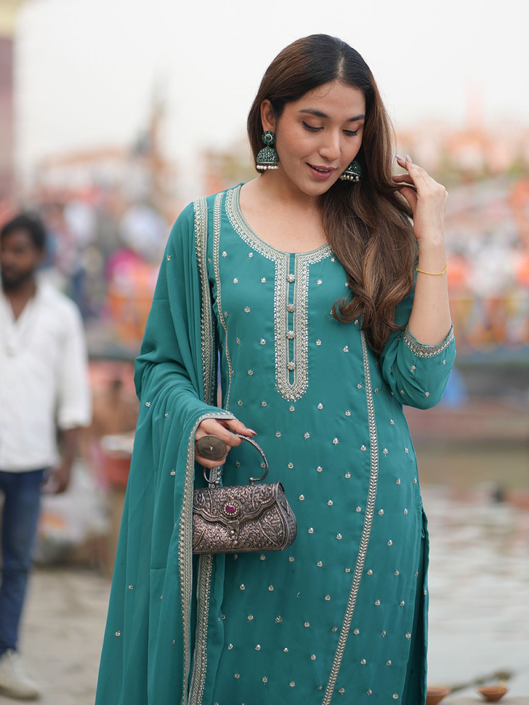 Dhiyona LL Rama Women Ethnic Motifs Embroidered Kurta with Palazzo & Dupatta